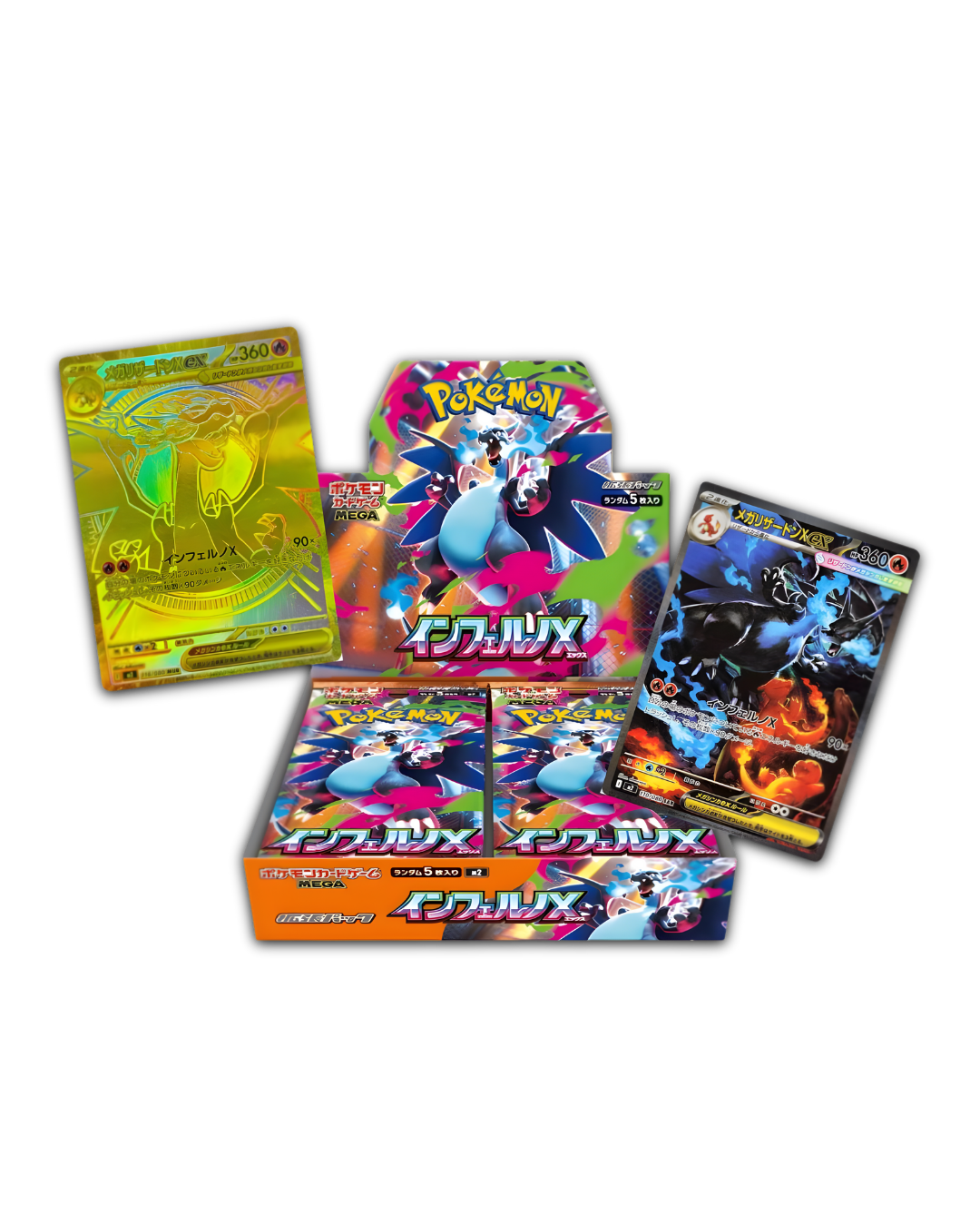 Display Box Pokémon TCG Japonesa Inferno X con carta Mega Charizard Y Dorado y Charizard Negro Shiny.