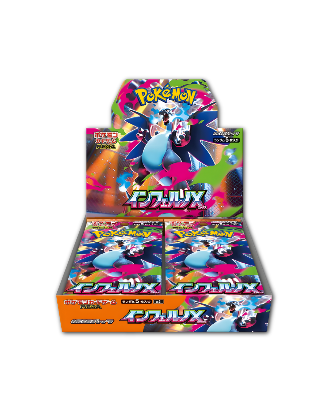 Caja de sobres Pokémon TCG Inferno X Japonesa abierta mostrando el contenido. Display Box con 30 sobres de expansión sellados.