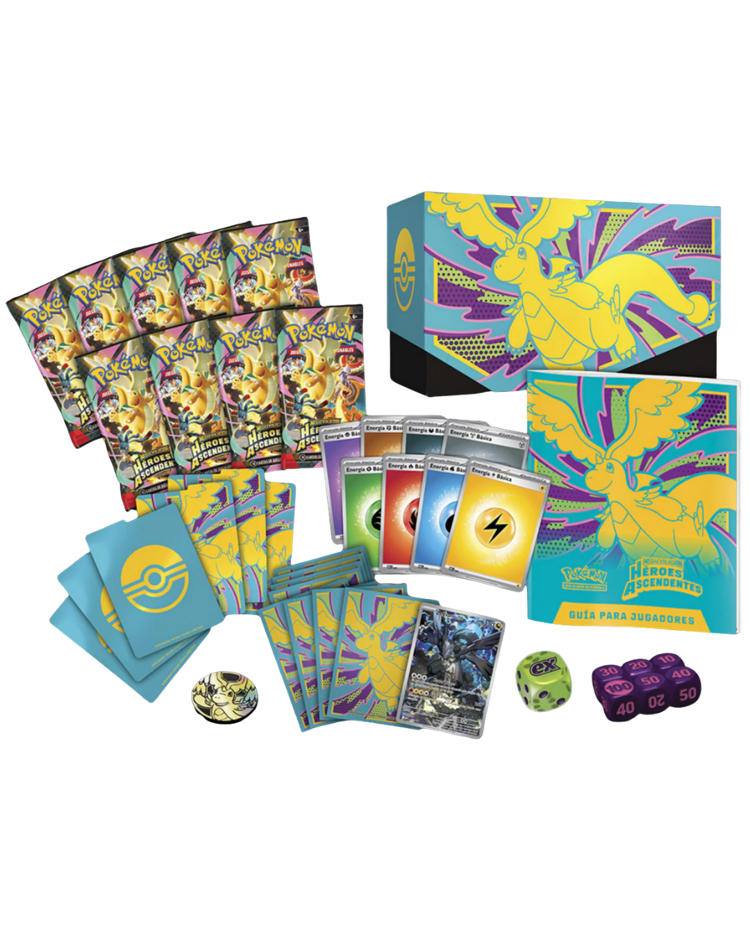 Interior completo Elite Trainer Box Ascended Heroes accesorios dados fundas sobres original.