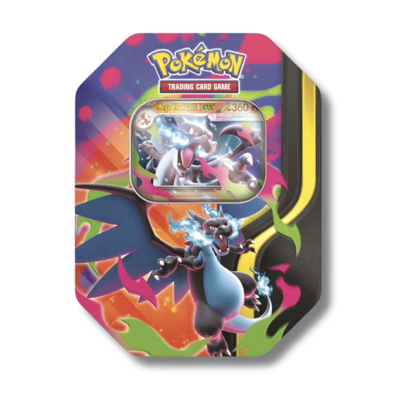 Lata Tin Mega Charizard X EX cartas Pokémon TCG originales Venezuela.