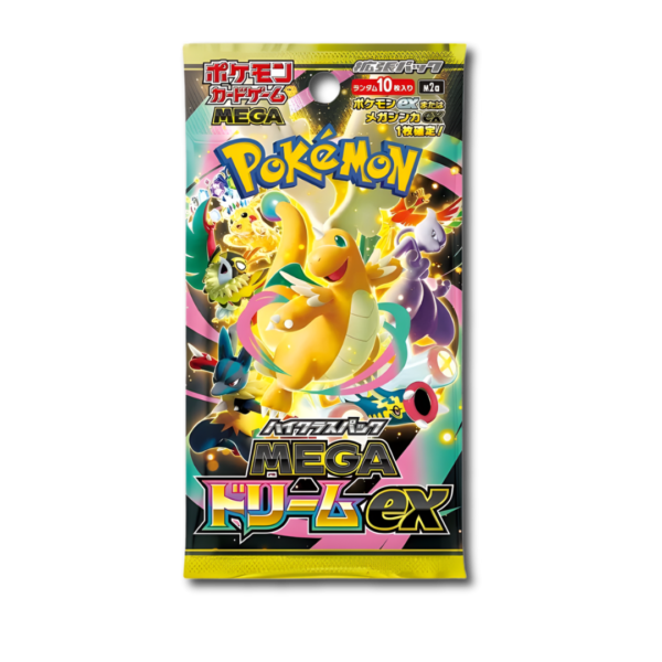 Sobre individual sellado de la expansión japonesa Mega Dream EX. Arte de empaque con Dragonite, Mega Lucario y Mega Gengar.