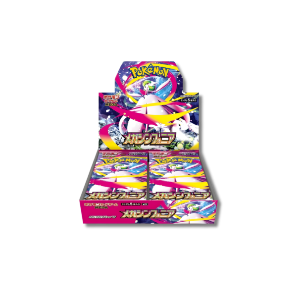 Caja de sobres y empaque individual de Pokémon TCG edición japonesa Mega Symphonia con ilustración brillante de Mega Gardevoir.