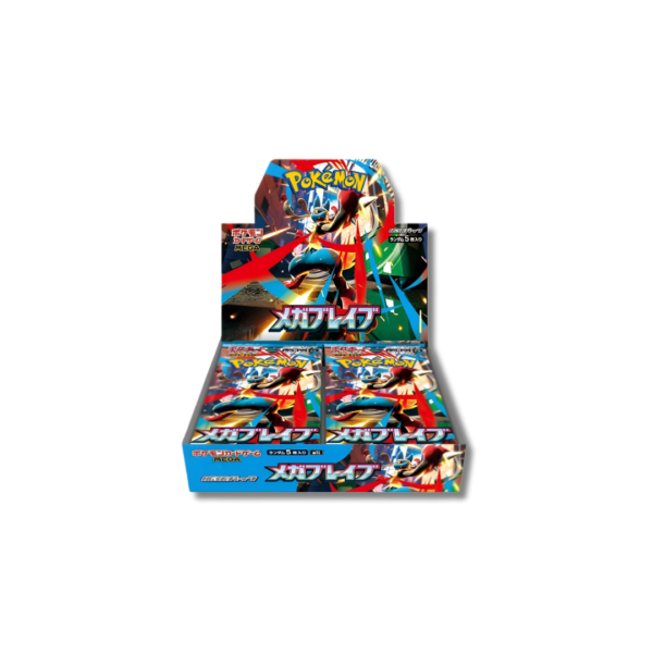 Caja sellada de Pokémon TCG japonés edición Mega Brave con ilustración de Mega Lucario en tonos azules.