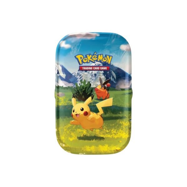 ata coleccionable Pokémon TCG Mini Tin con ilustración de Pikachu y Tepig.