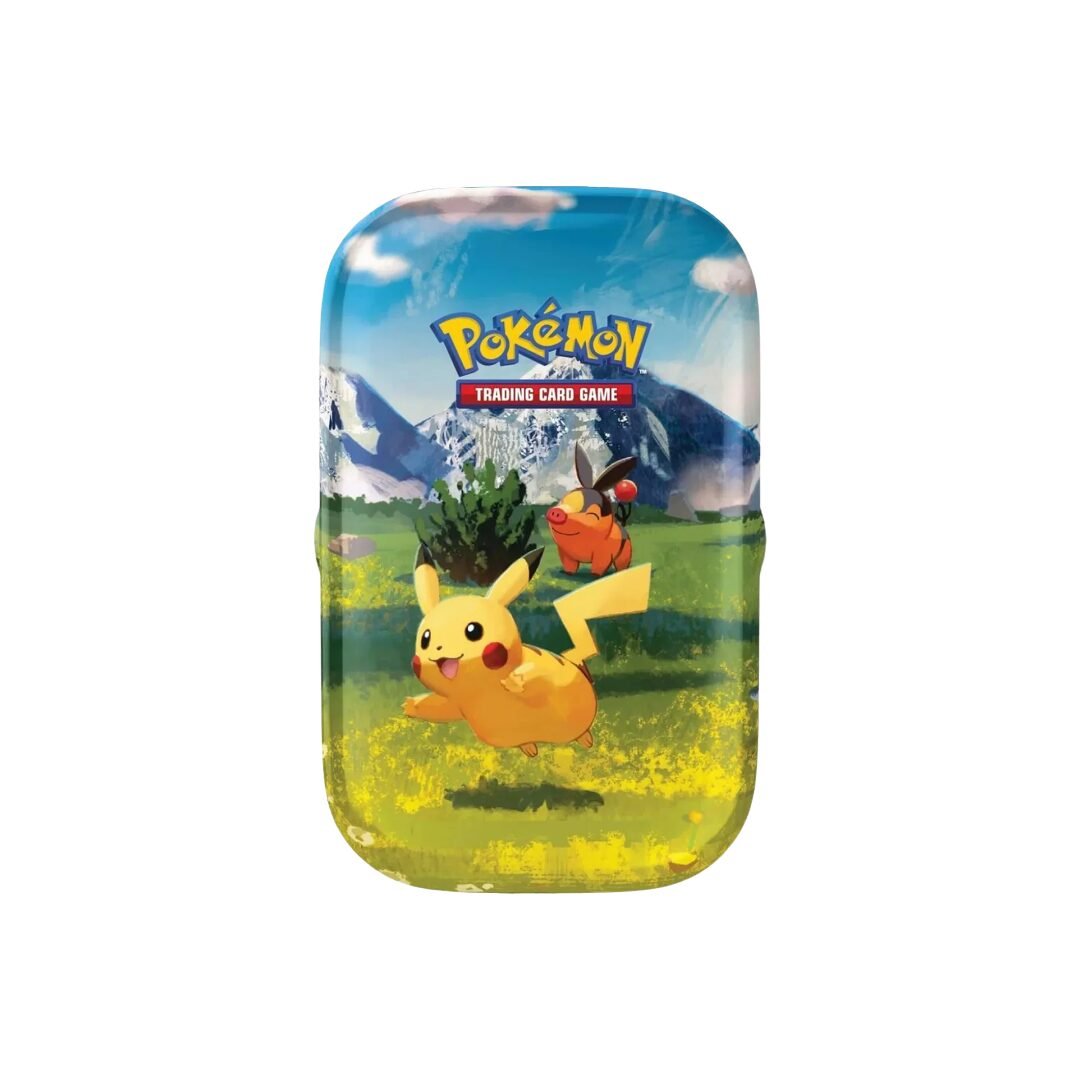 ata coleccionable Pokémon TCG Mini Tin con ilustración de Pikachu y Tepig.