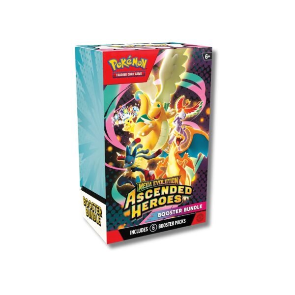 Caja de sobres Booster Bundle Pokémon Mega Evolution Ascended Heroes con 6 paquetes.