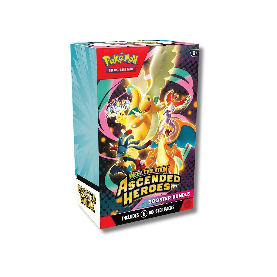 Caja de sobres Booster Bundle Pokémon Mega Evolution Ascended Heroes con 6 paquetes.