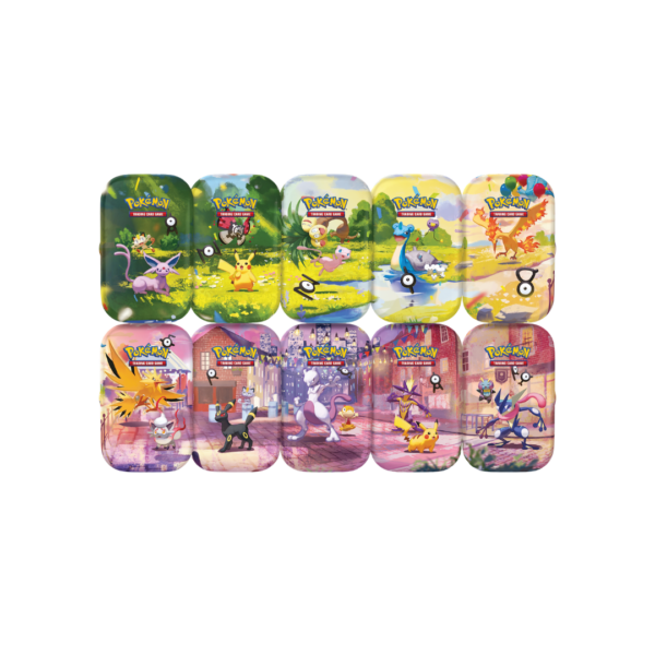 Colección de 10 latas metálicas Mini Tins ilustradas de Pokémon Trading Card Game en inglés.