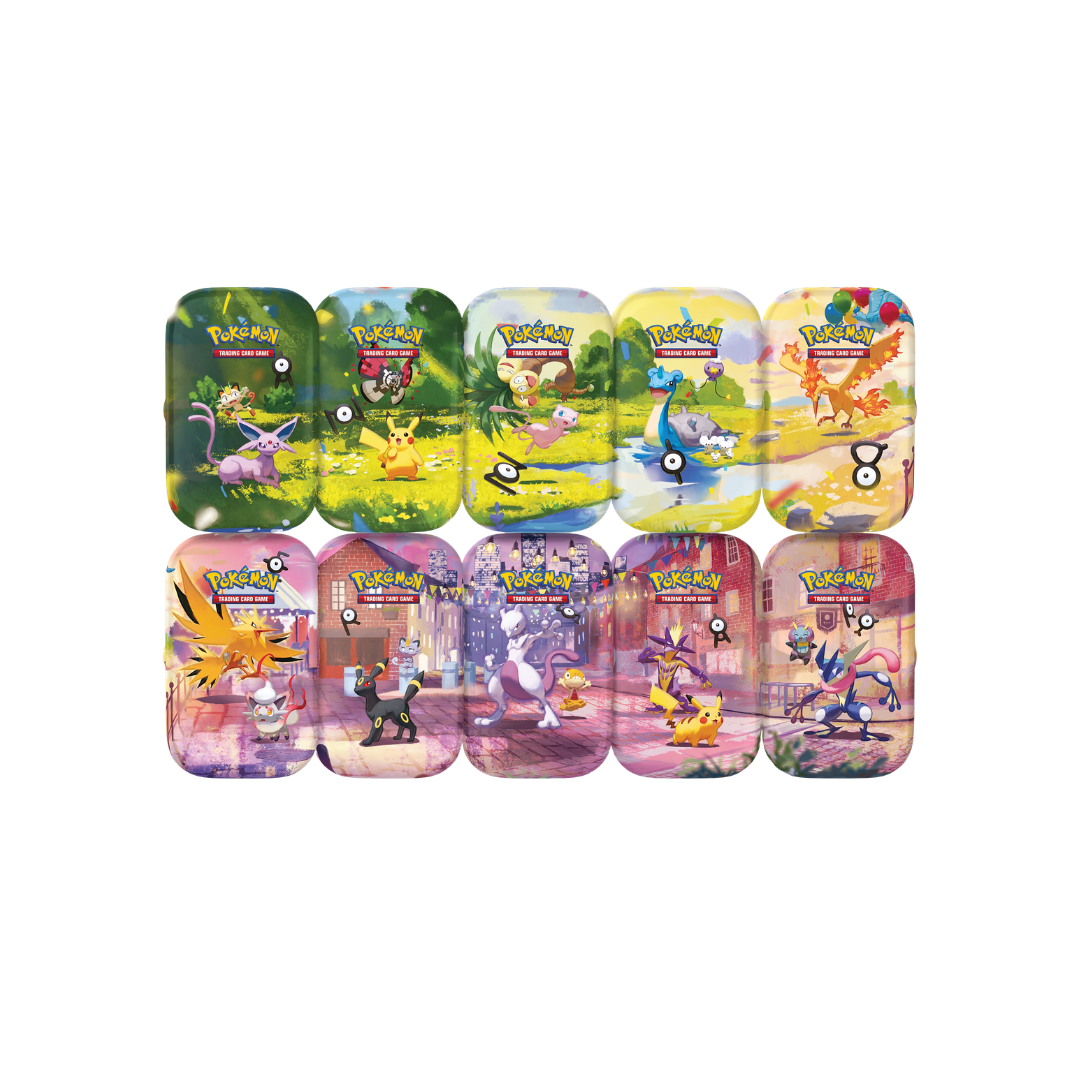 Colección de 10 latas metálicas Mini Tins ilustradas de Pokémon Trading Card Game en inglés.